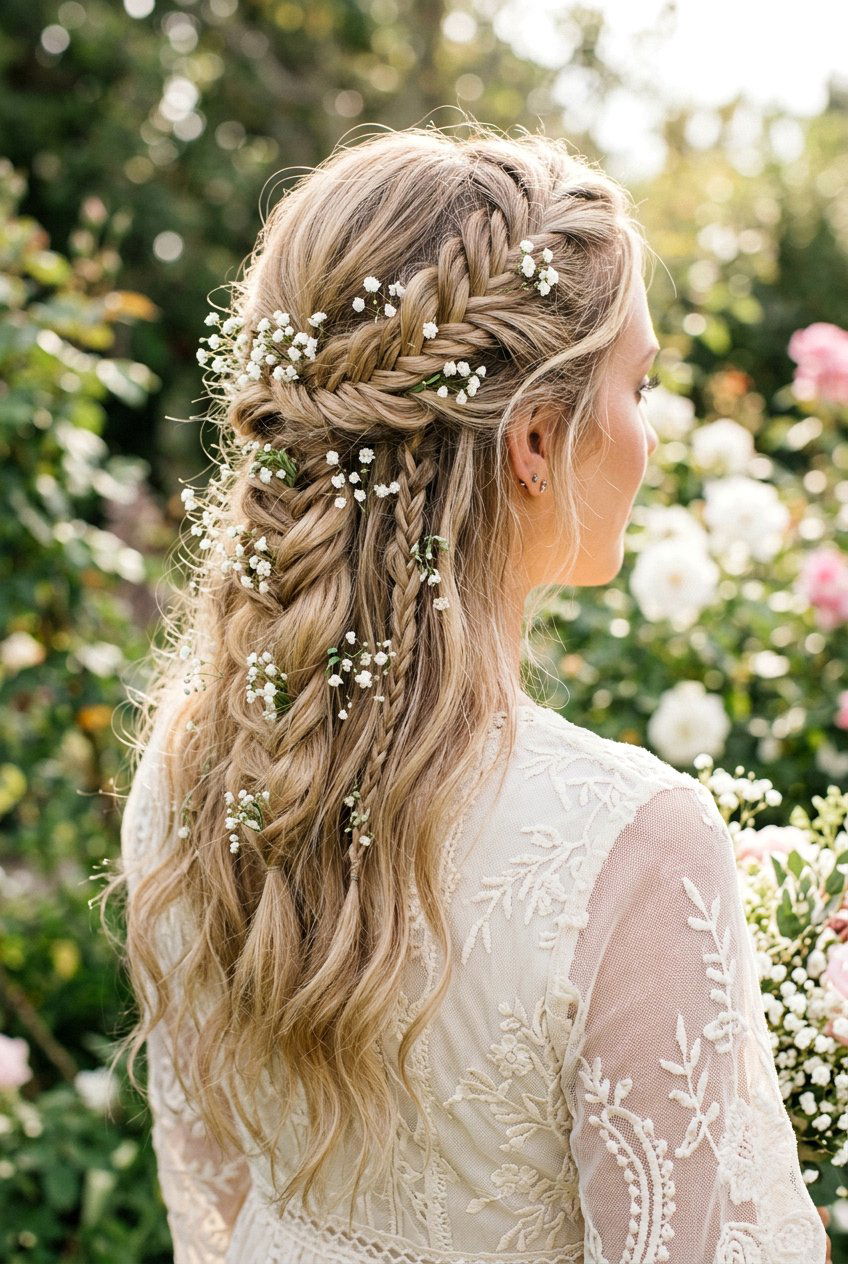 Half Up Boho Braids With Babys Breath - 20 fairycore braid hairstyle with flowers - 20 fairycore braid hairstyle with flowers