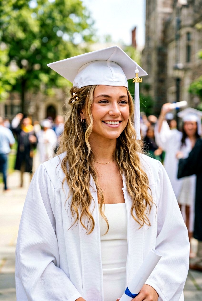 Half Up Boho Waves With Graduation Cap - 20 graduation half up hairstyle with cap - 20 graduation half up hairstyle with cap