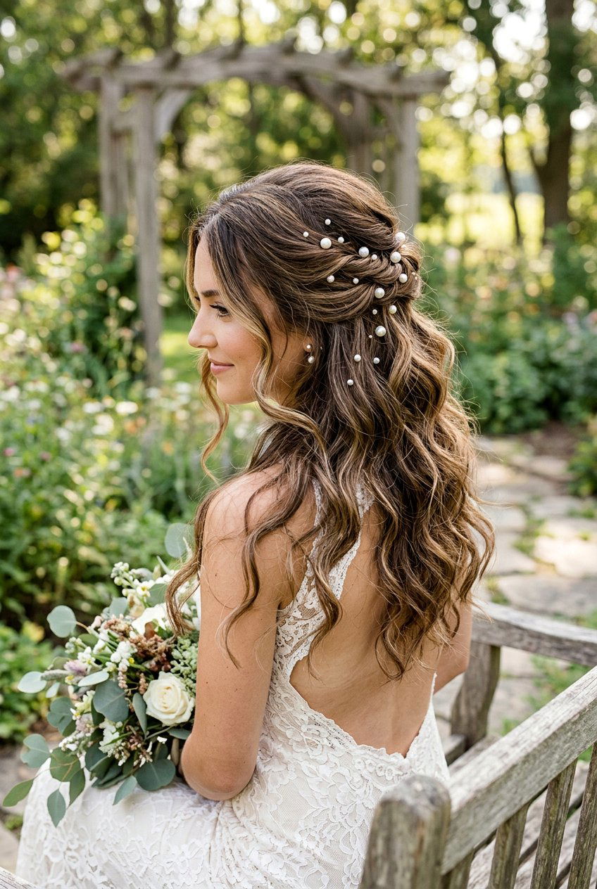 Half Up Boho Waves With Pearl Pins - 20 bridal half up with pearl pins - 20 bridal half up with pearl pins