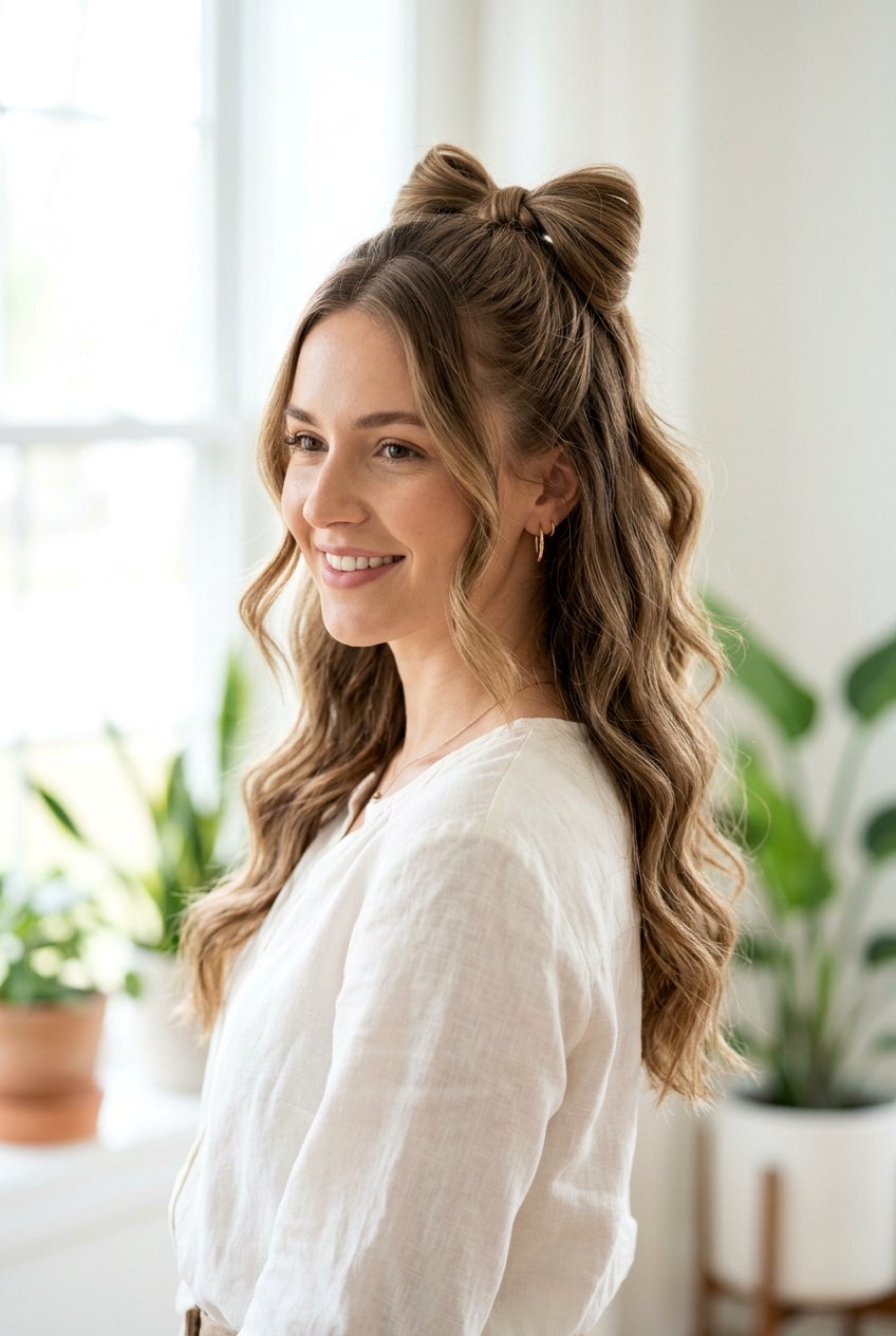 Half Up Bow Ponytail With Loose Waves - 20 christmas bow ponytail - 20 christmas bow ponytail
