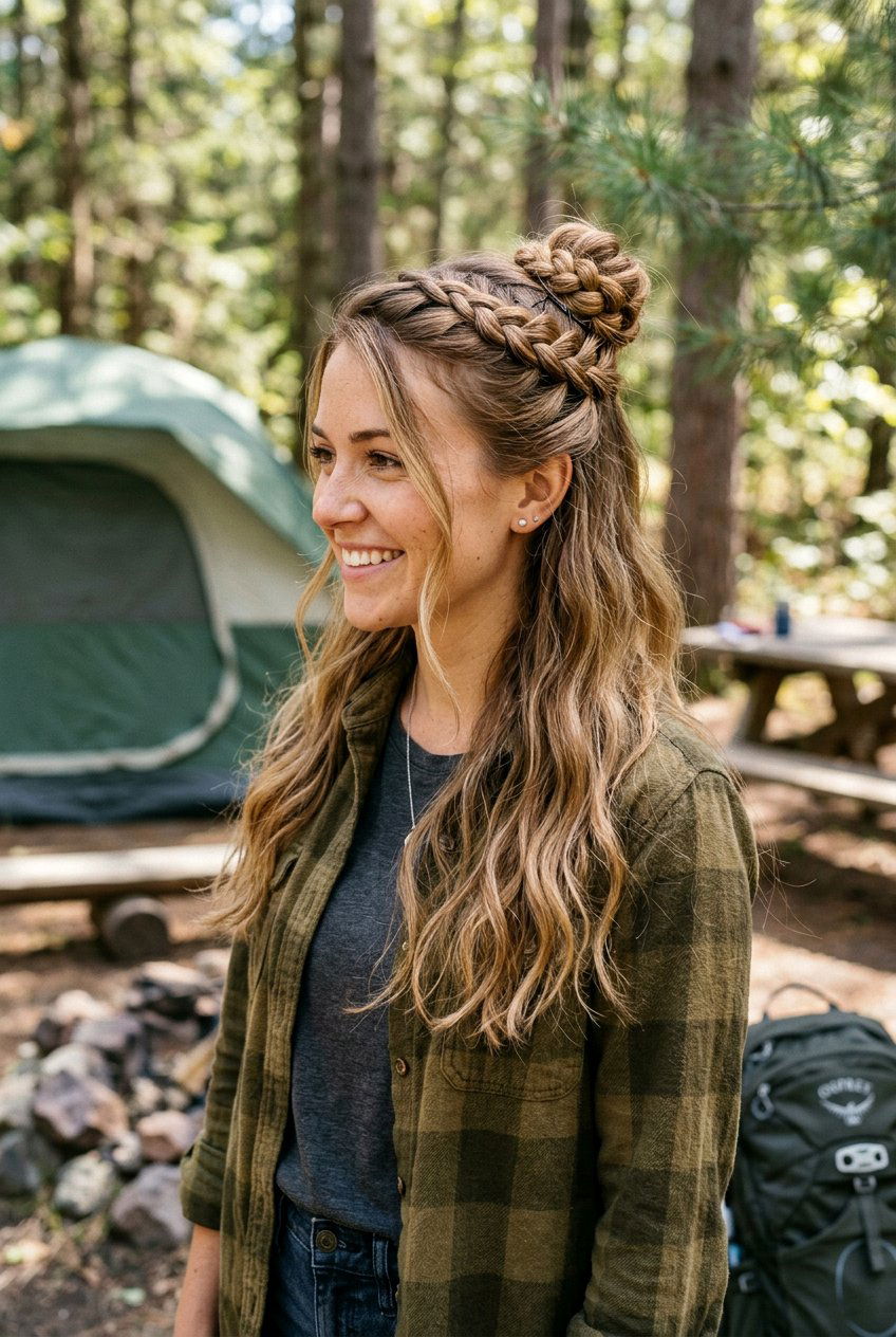 Half Up Braided Bun For Camping - 20 camping braid bun hairstyle - 20 camping braid bun hairstyle