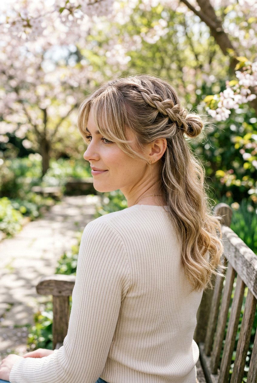 Half Up Braided Bun With Curtain Bang Strands - 20 braided bun with face framing strands - 20 braided bun with face framing strands