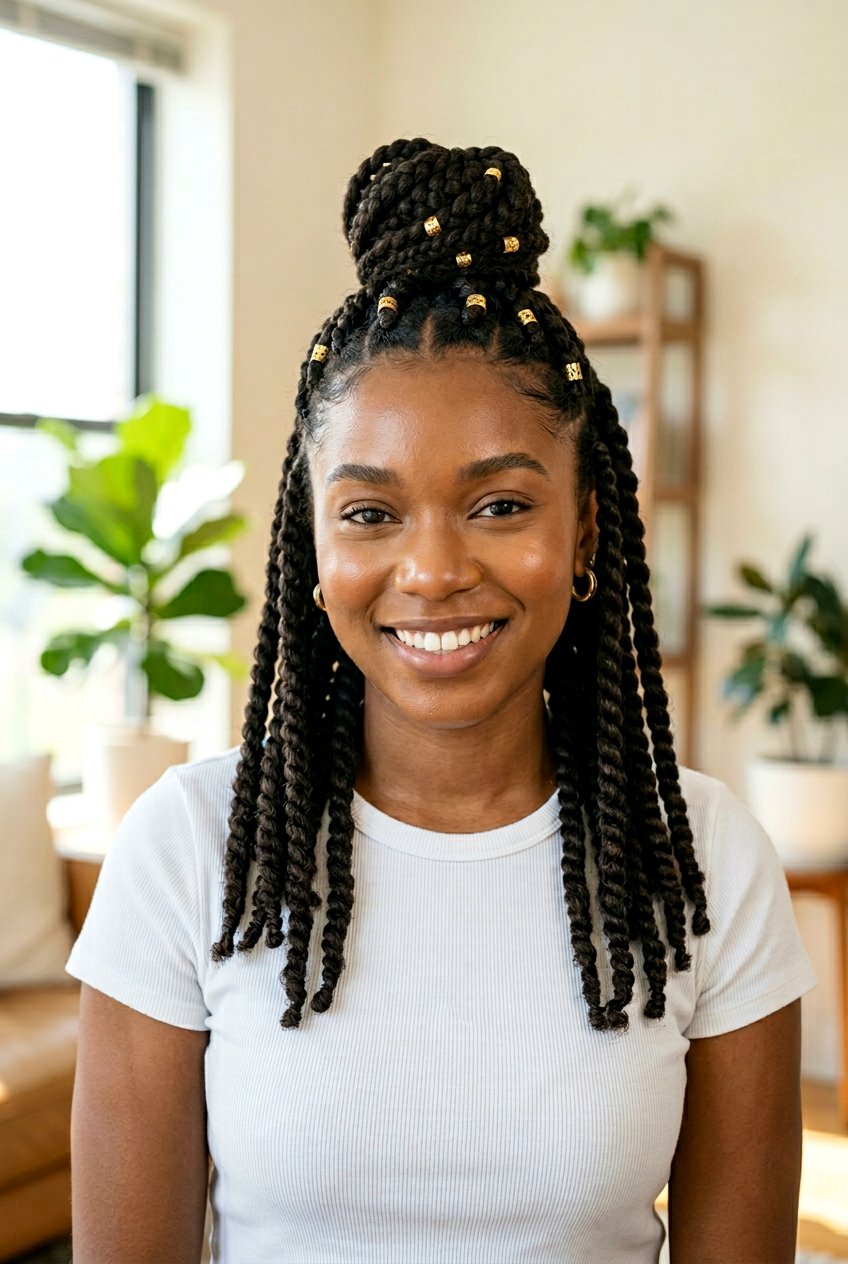 Half Up Braided Bun with Loose Twists Down - 20 protective styles for shoulder length natural hair - 20 protective styles for shoulder length natural hair