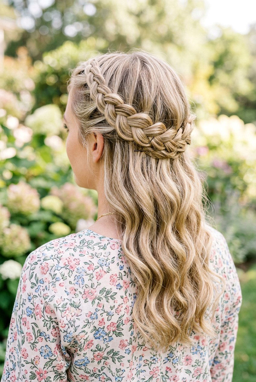 Half Up Braided Crown For Brunch - 20 brunch hairstyles for women - 20 brunch hairstyles for women