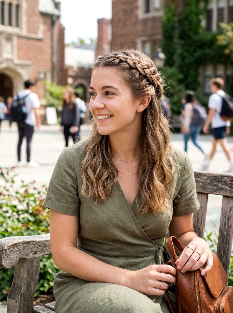 Half Up Braided Crown For College Girls - 20 quick morning hairstyle for college girls - 20 quick morning hairstyle for college girls