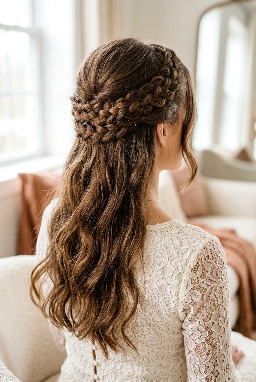Half Up Braided Crown For Long Hair - 20 lazy girl hairstyles for long hair - 20 lazy girl hairstyles for long hair