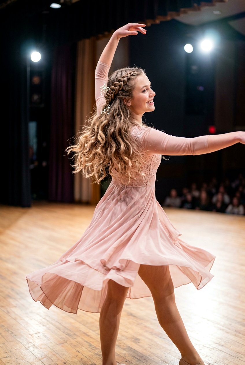 Half Up Braided Crown With Loose Waves - 20 competition dance hairstyles - 20 competition dance hairstyles