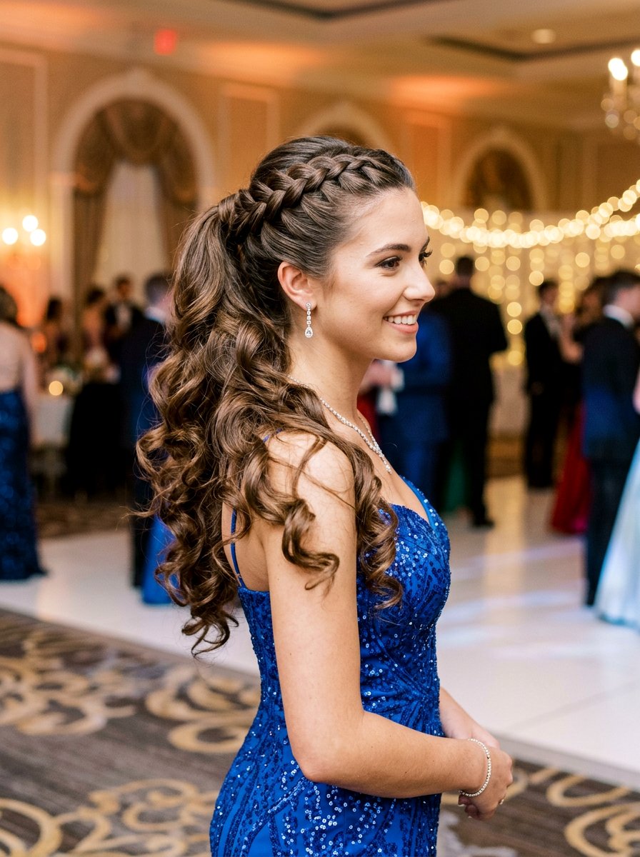 Half Up Braided Ponytail With Voluminous Curls - 20 prom half up curls with braids - 20 prom half up curls with braids