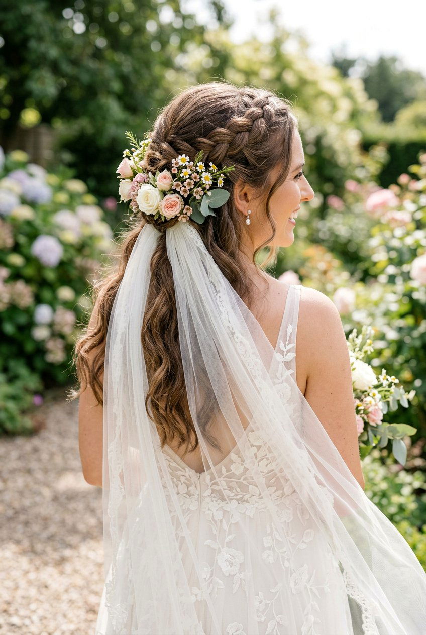Half Up Braids With Veil And Fresh Flowers - 20 bridal half up braid with veil - 20 bridal half up braid with veil