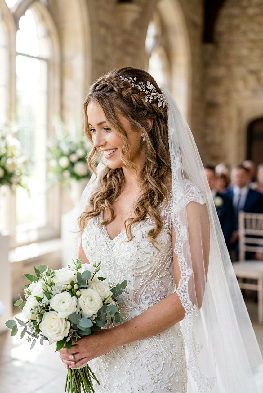 Half Up Braids With Veil And Hair Vine - 20 bridal half up braid with veil - 20 bridal half up braid with veil