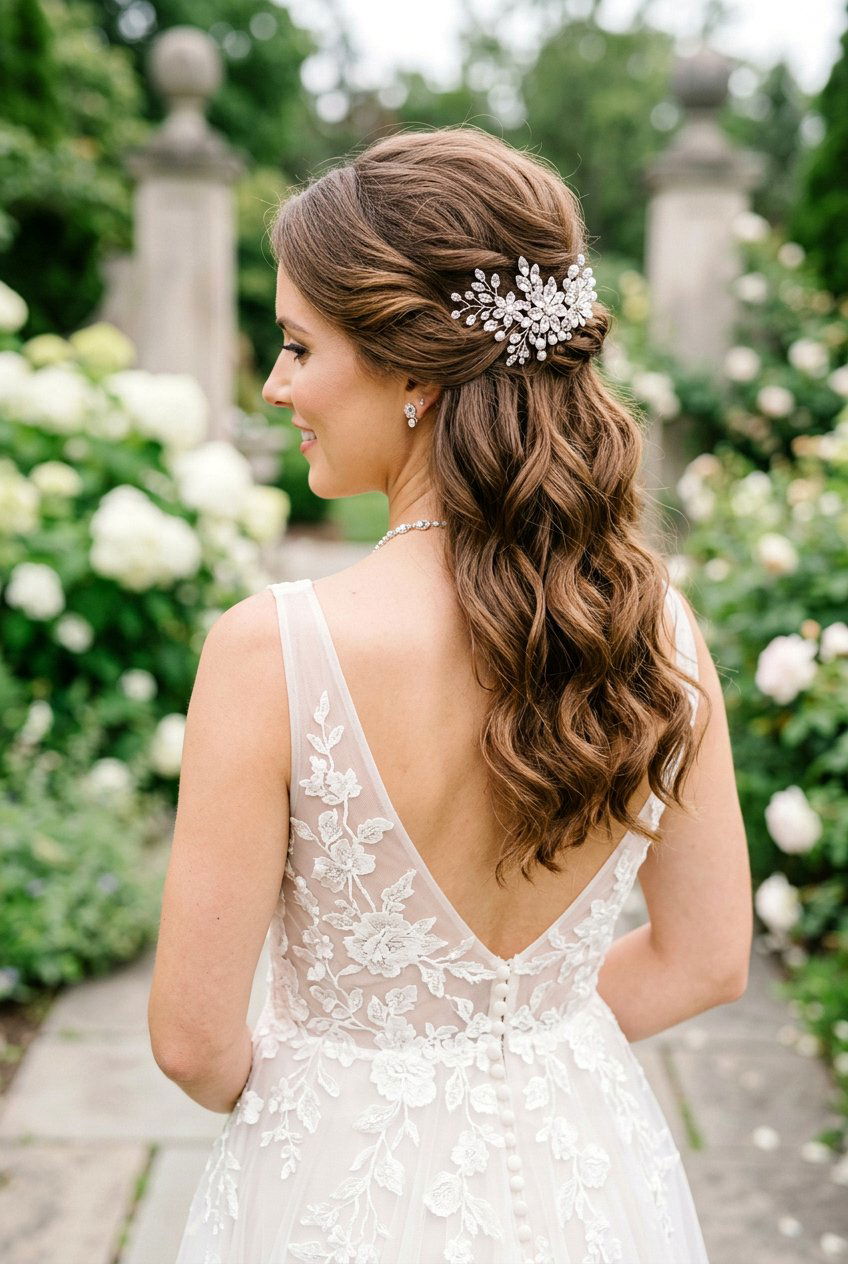 Half Up Bridal Hair With Crystal Hairpins - 20 crystal hairpin bridal hairstyle - 20 crystal hairpin bridal hairstyle