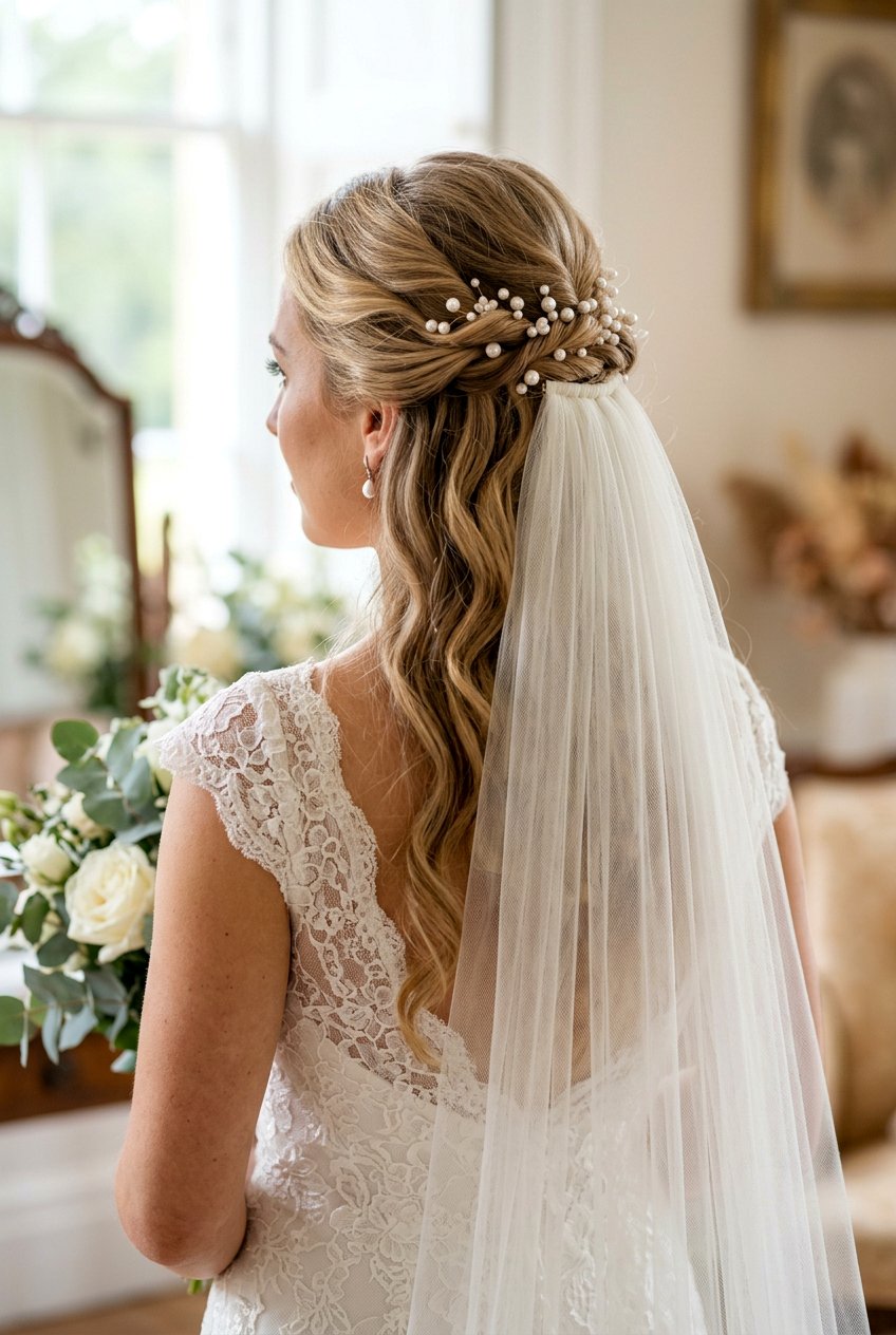 Half Up Bridal Hairstyle With Veil And Pearl Pins - 20 bridal half up with pearl pins - 20 bridal half up with pearl pins