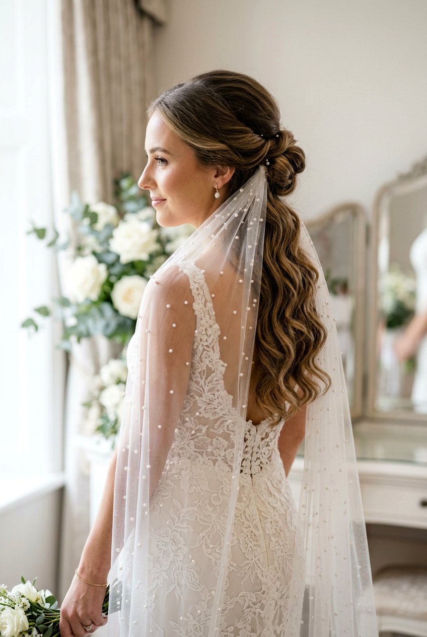 Half Up Bridal Low Bun With Pearl Veil - 20 bridal low bun with pearl veil - 20 bridal low bun with pearl veil