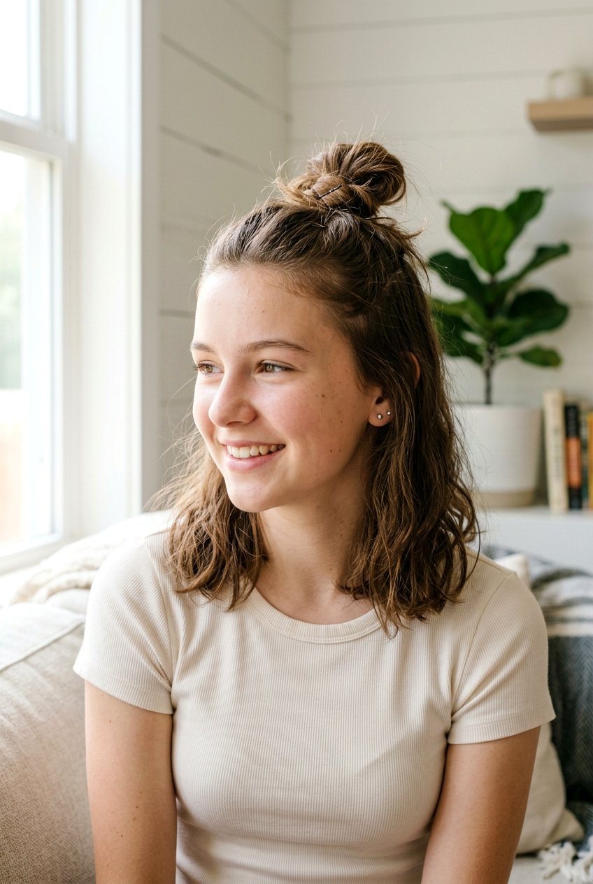 Half Up Bun For Short To Medium Hair - 20 half up bun hairstyles for teens - 20 half up bun hairstyles for teens