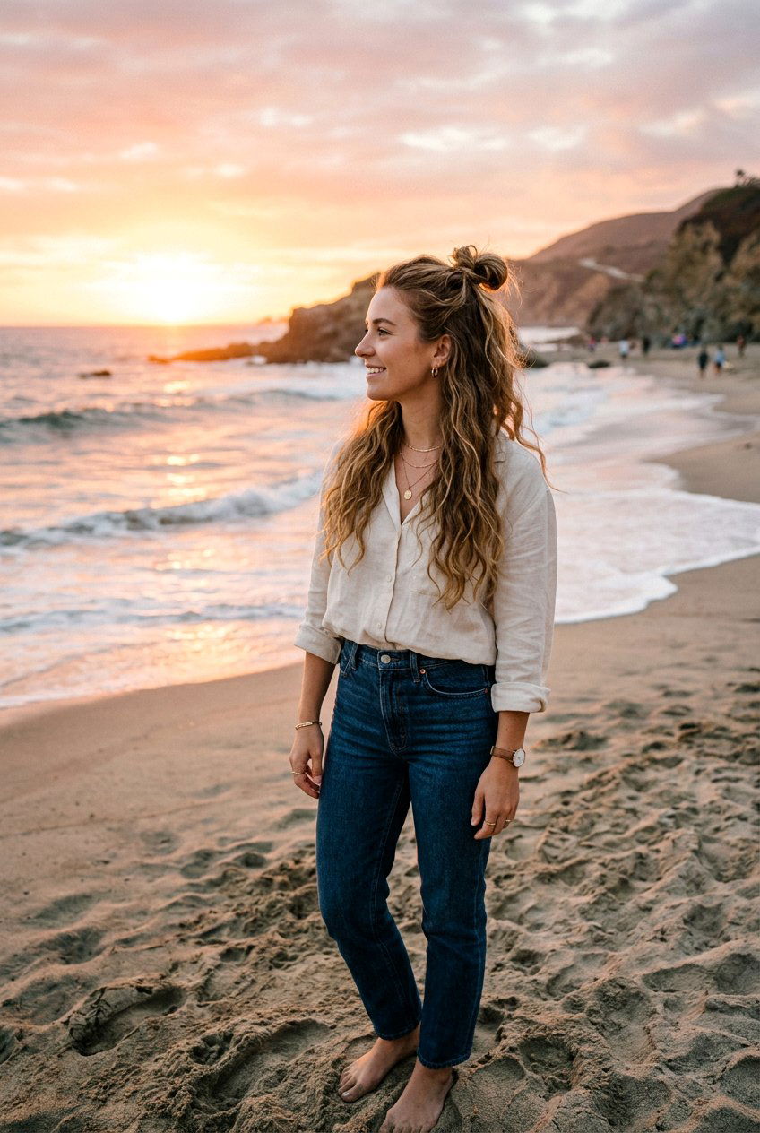 Half Up Bun For Sunset Photos - 20 sunset photo shoot hairstyles - 20 sunset photo shoot hairstyles