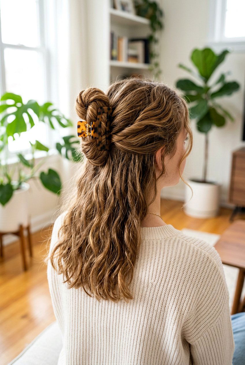 Half Up Bun With Claw Clip - 20 half up bun hairstyles for teens - 20 half up bun hairstyles for teens