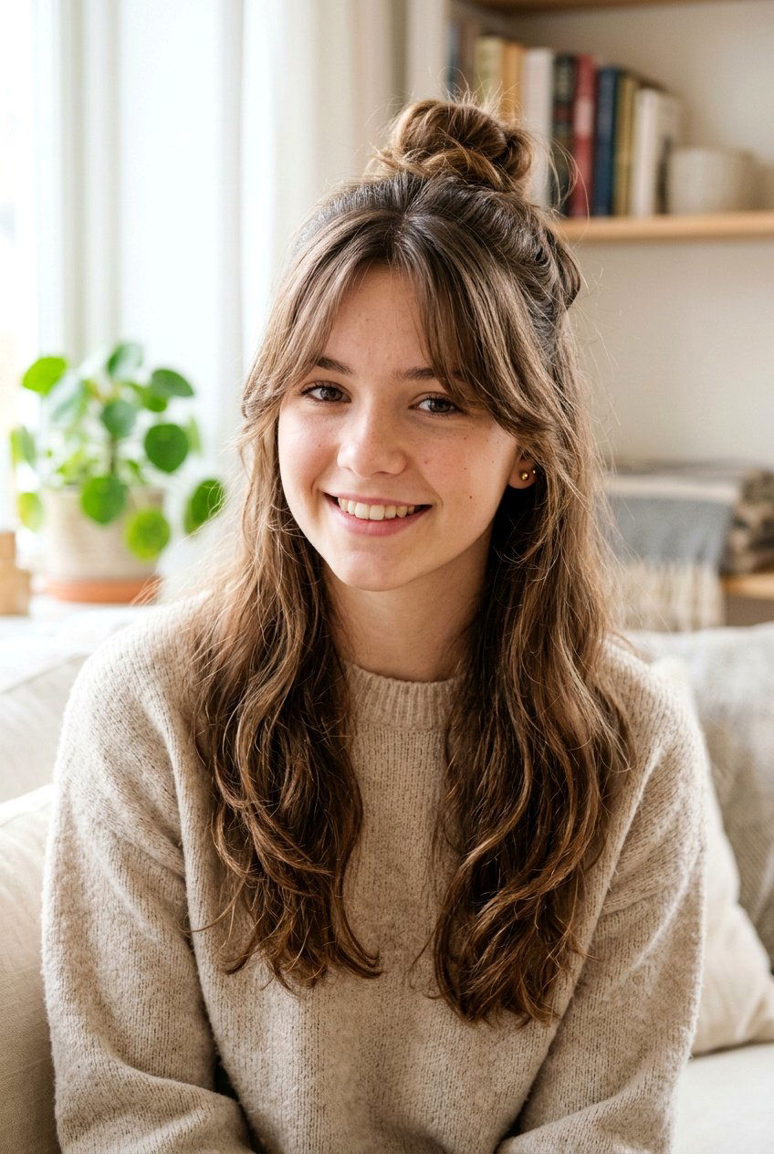 Half Up Bun With Curtain Bangs - 20 half up bun hairstyles for teens - 20 half up bun hairstyles for teens