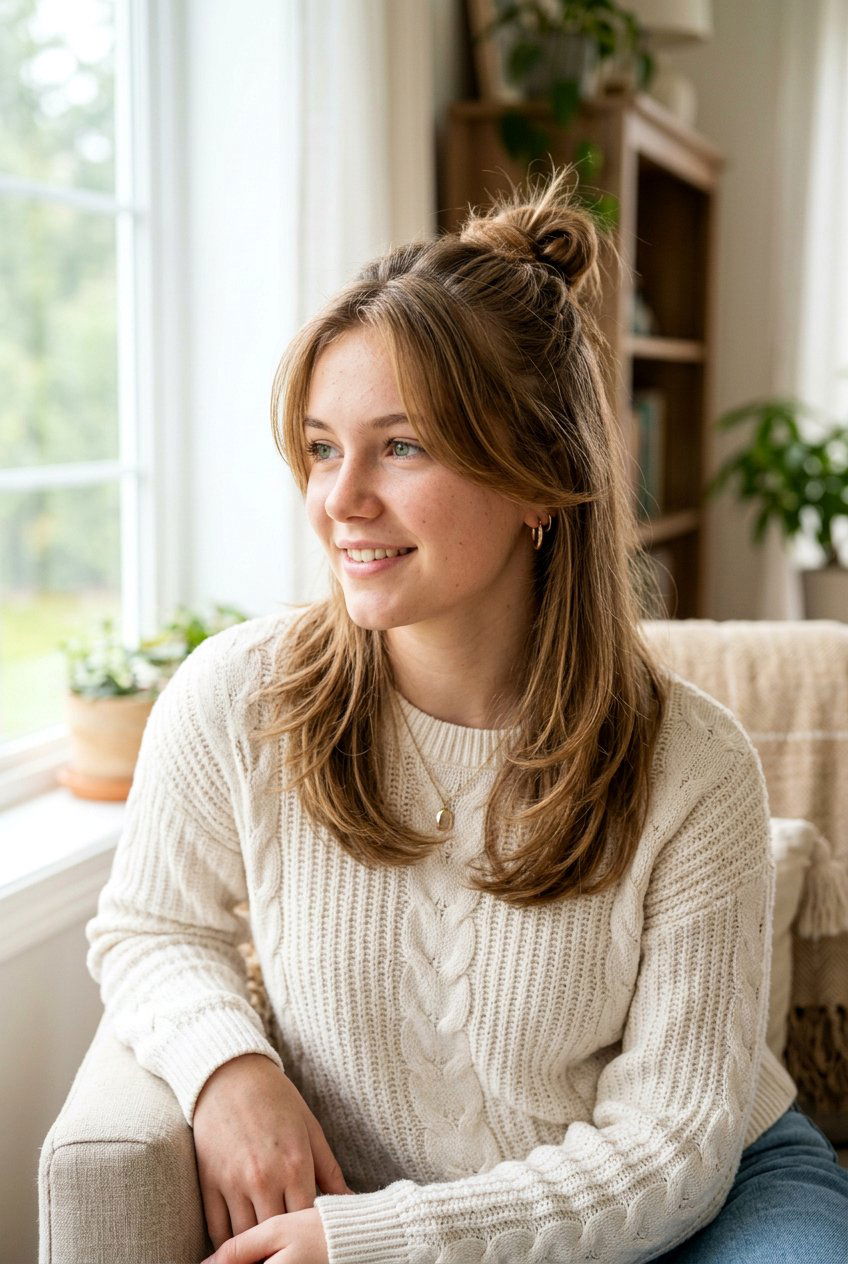 Half Up Bun With Face Framing Layers - 20 half up bun hairstyles for teens - 20 half up bun hairstyles for teens