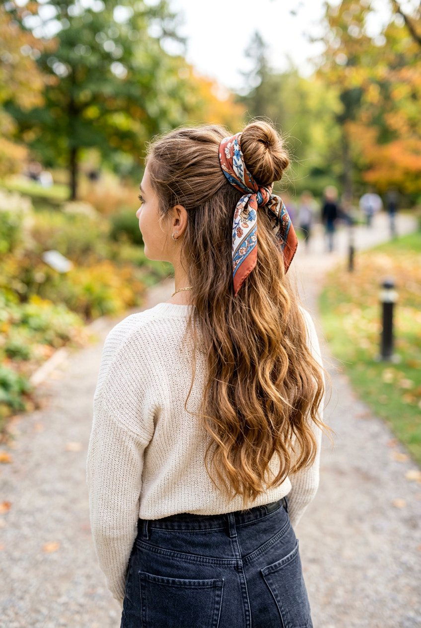 Half Up Bun With Hair Scarf - 20 half up bun hairstyles for teens - 20 half up bun hairstyles for teens
