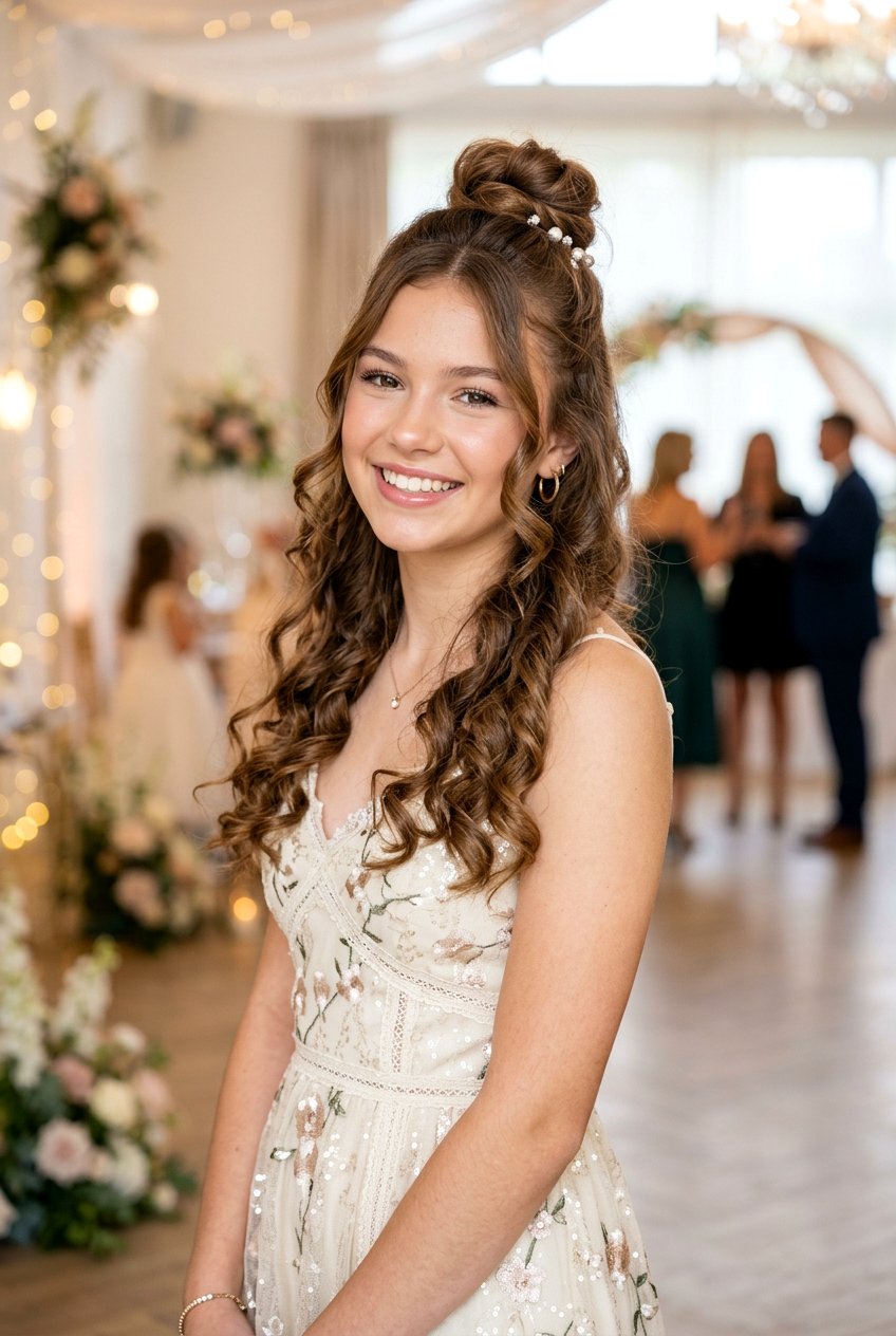 Half Up Bun With Loose Curls - 20 half up bun hairstyles for teens - 20 half up bun hairstyles for teens