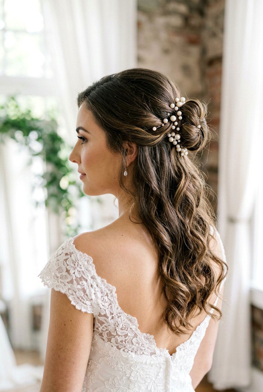 Half Up Bun With Pearl Pins - 20 bridal half up with pearl pins - 20 bridal half up with pearl pins