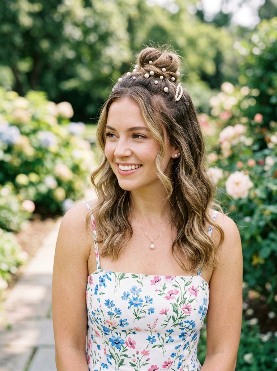 Half Up Bun With Pearls - 20 pearl embellished bun hairstyle - 20 pearl embellished bun hairstyle
