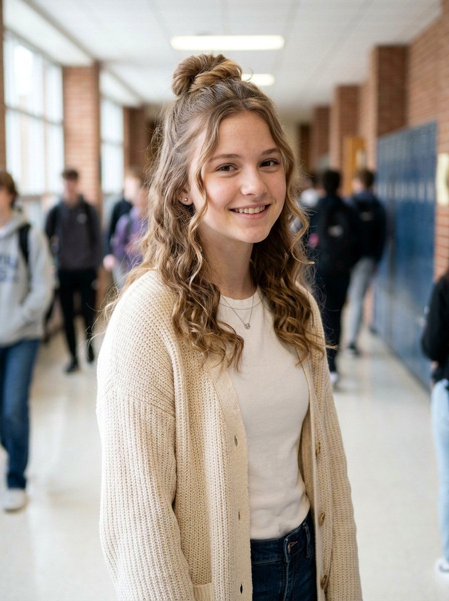 Half Up Bun With Soft Waves For School - 20 school half up bun hairstyle - 20 school half up bun hairstyle