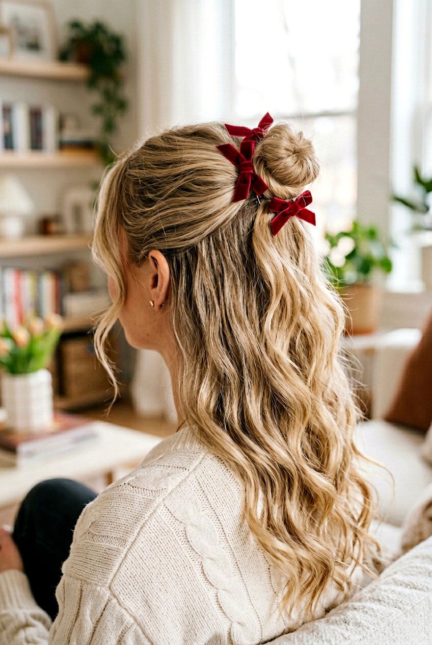 Half Up Bun With Tiny Bows - 20 coquette bow bun hairstyle - 20 coquette bow bun hairstyle