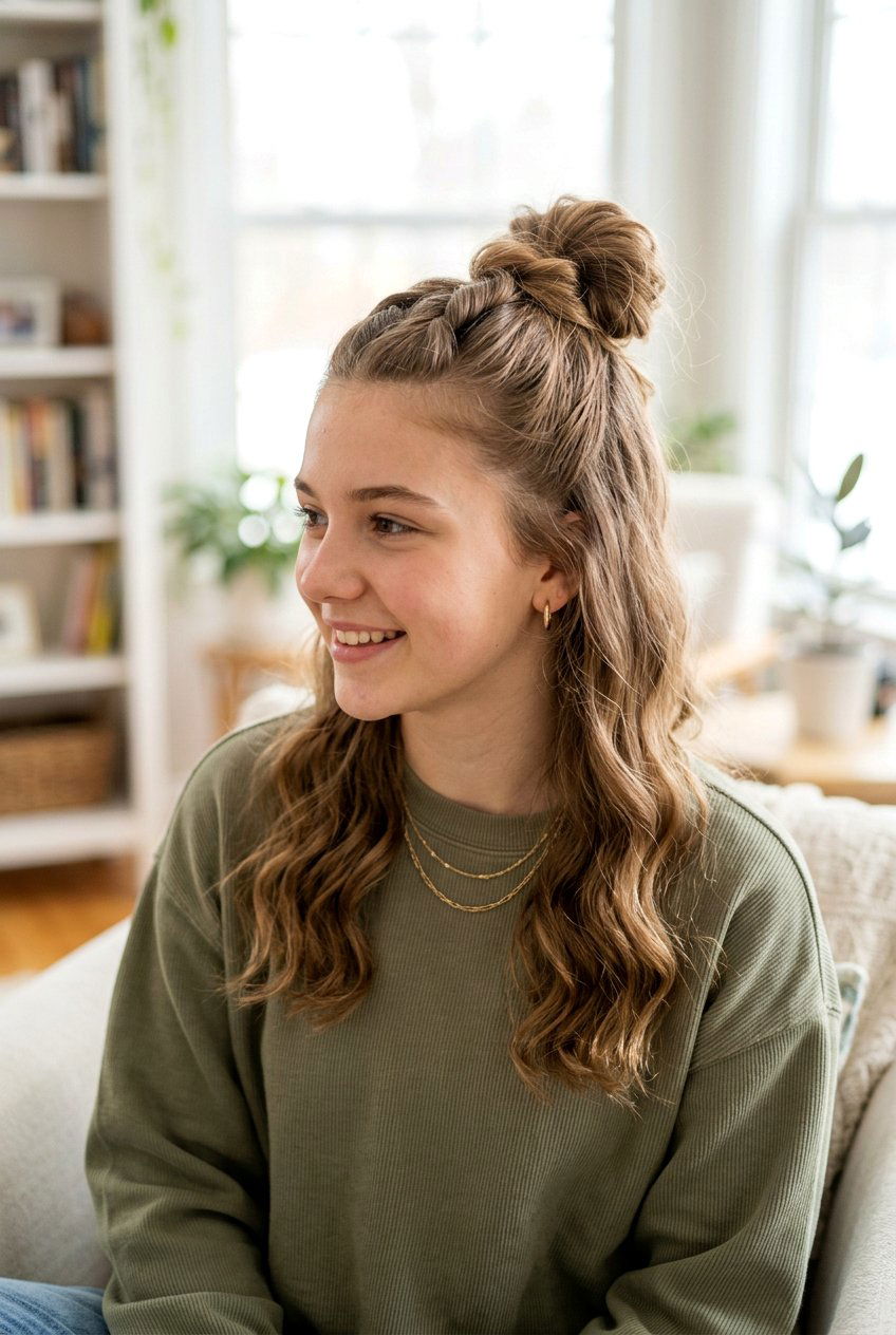 Half Up Bun With Topsy Tail Detail - 20 half up bun hairstyles for teens - 20 half up bun hairstyles for teens