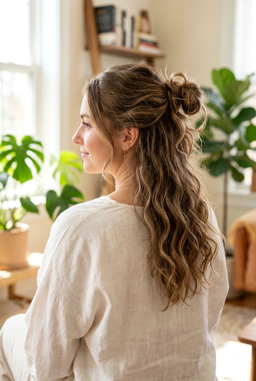 Half Up Bun With Tousled Length - 20 date night half up hairstyle - 20 date night half up hairstyle