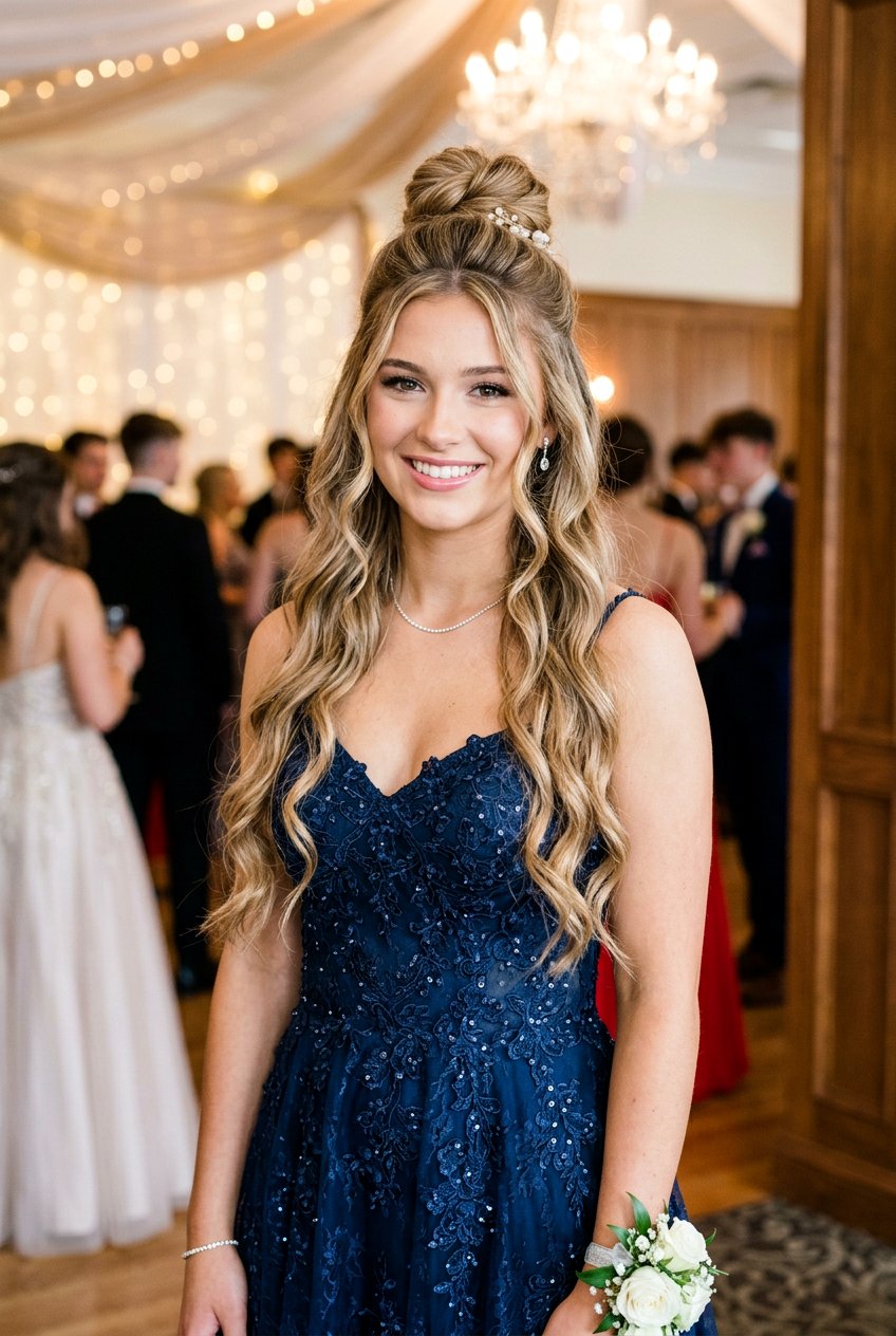 Half Up Bun with Loose Waves for Prom - 20 senior prom bun hairstyle - 20 senior prom bun hairstyle