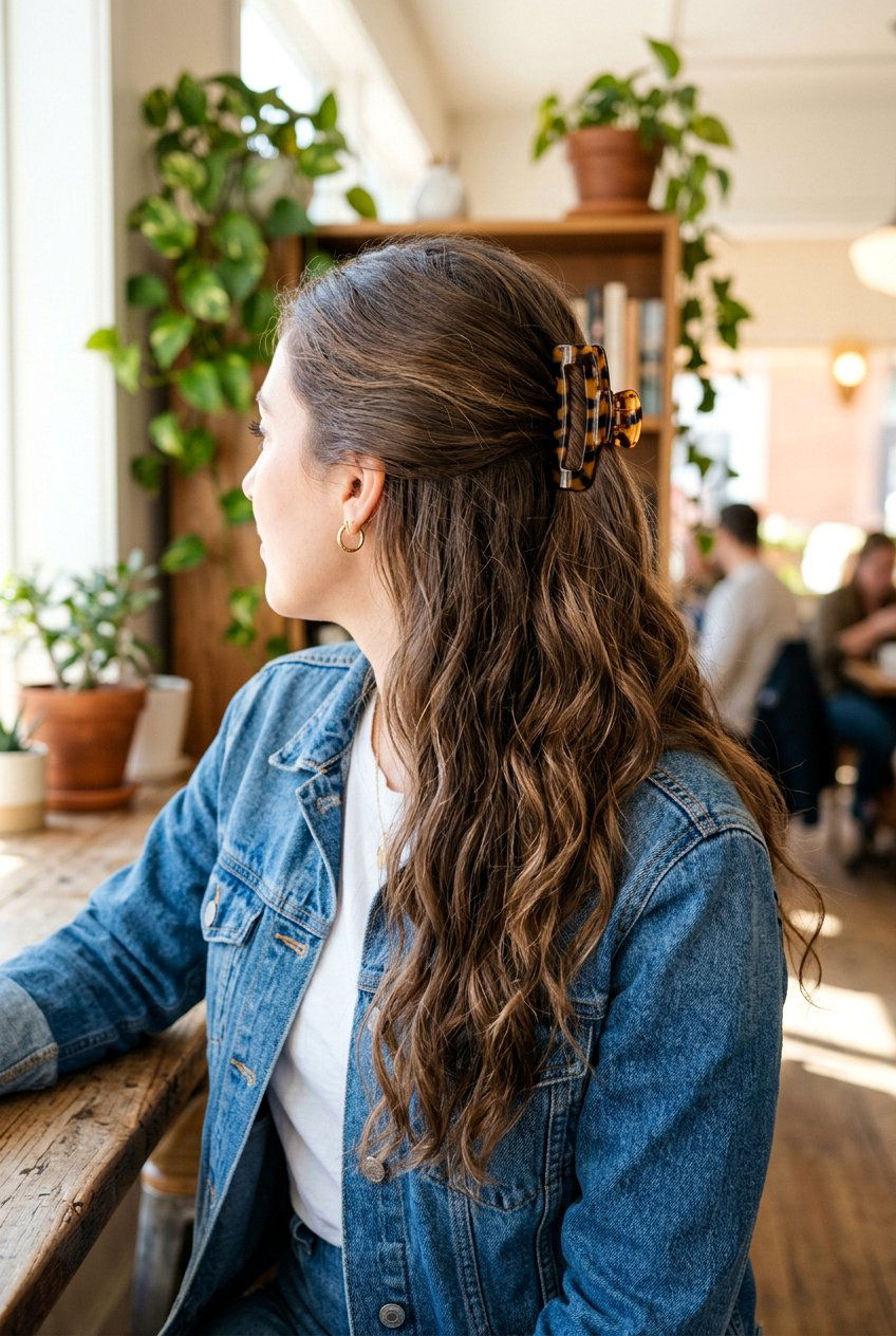 Half Up Claw Clip - 20 easy library hairstyle for college girls - 20 easy library hairstyle for college girls