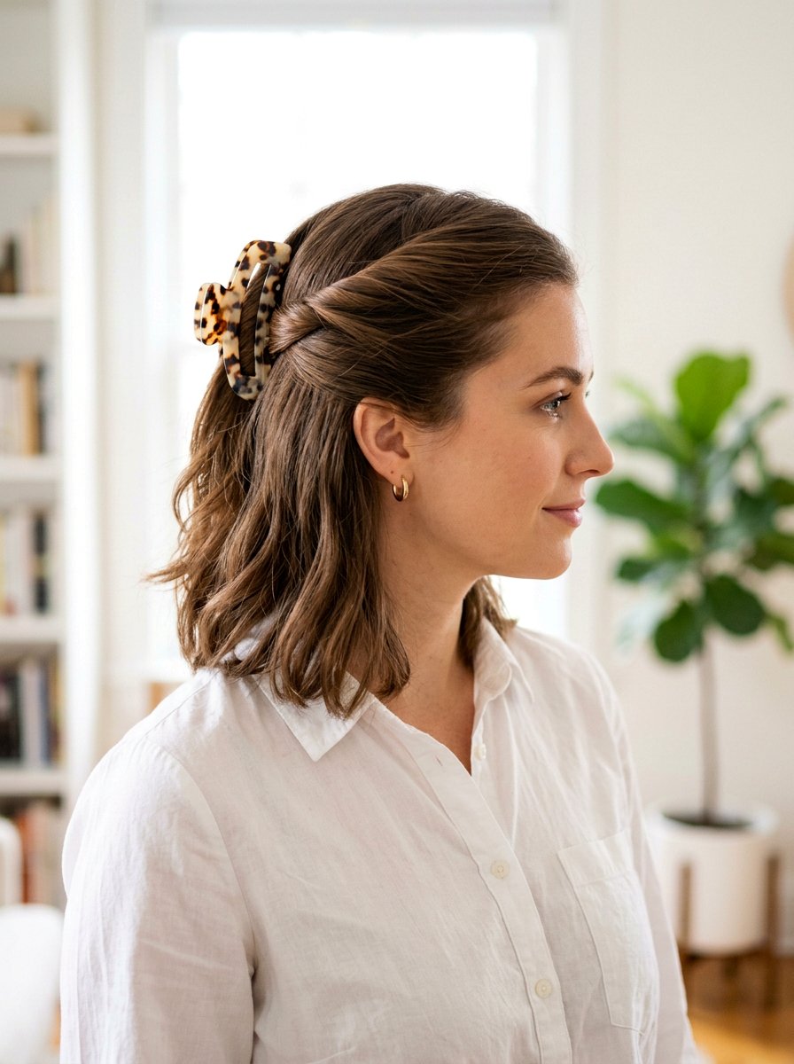 Half Up Claw Clip Bob - 20 quick office hairstyle for short hair - 20 quick office hairstyle for short hair