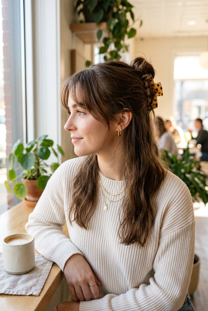 Half Up Claw Clip Bun - 20 clean girl hairstyles - 20 clean girl hairstyles