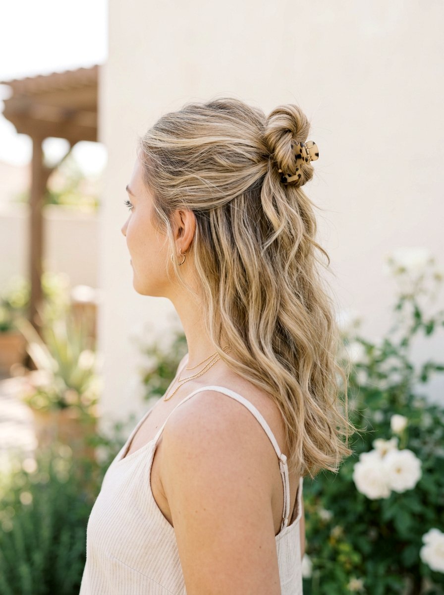 Half Up Claw Clip Bun - 20 summer claw clip hairstyles - 20 summer claw clip hairstyles