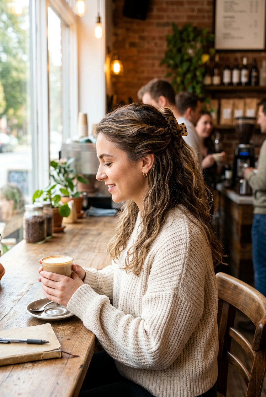 Half Up Claw Clip Hairstyle - 20 coffee date hairstyles - 20 coffee date hairstyles