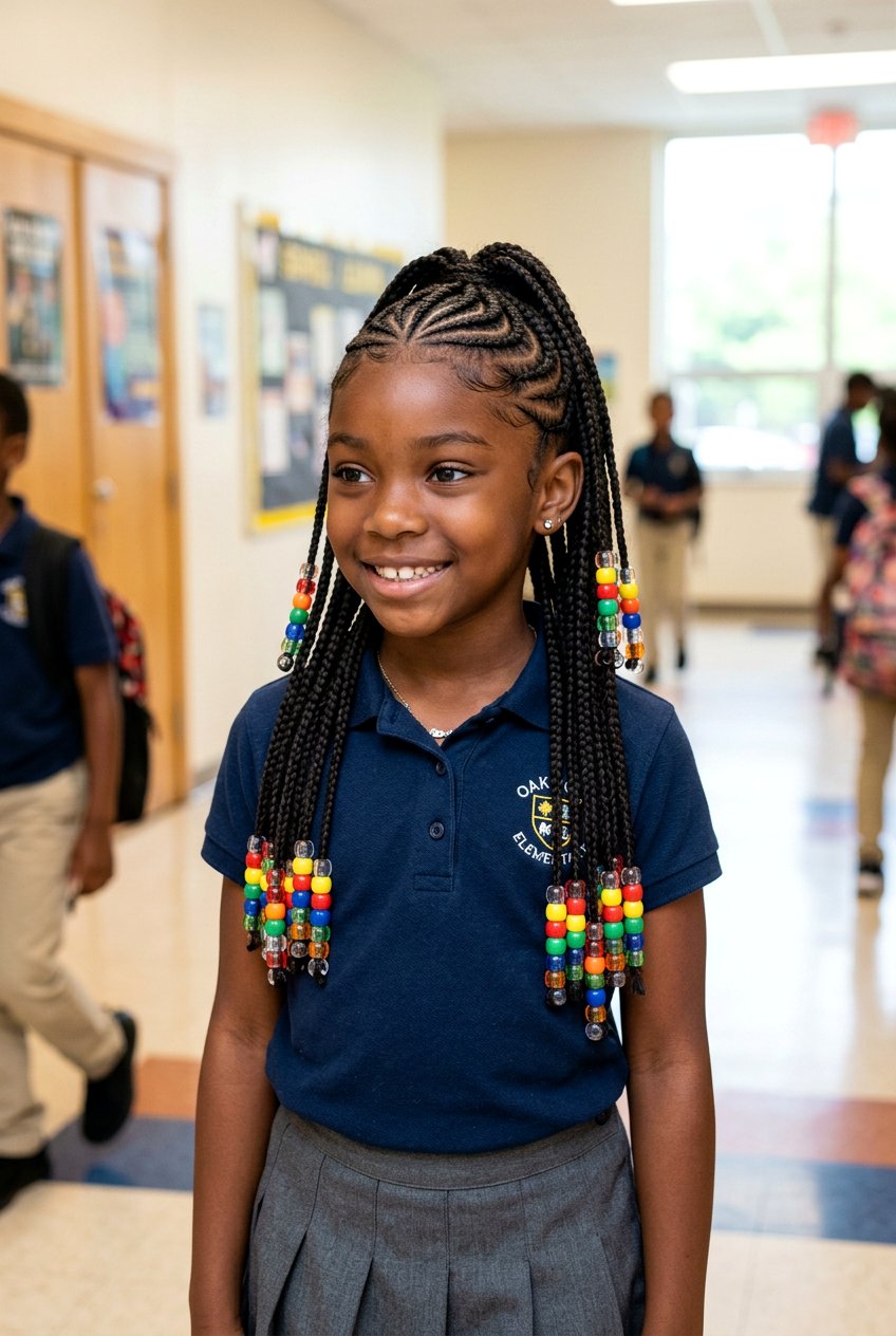 Half Up Cornrow Style with Beaded Loose Ends - 20 school cornrow styles for black girls - 20 school cornrow styles for black girls