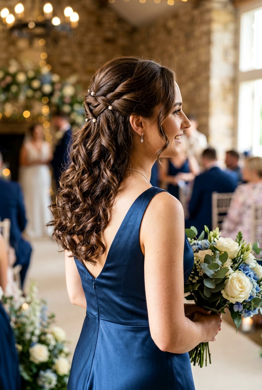 Half Up Crisscross Pin Design With Voluminous Curls - 20 bridesmaid half up with curls - 20 bridesmaid half up with curls