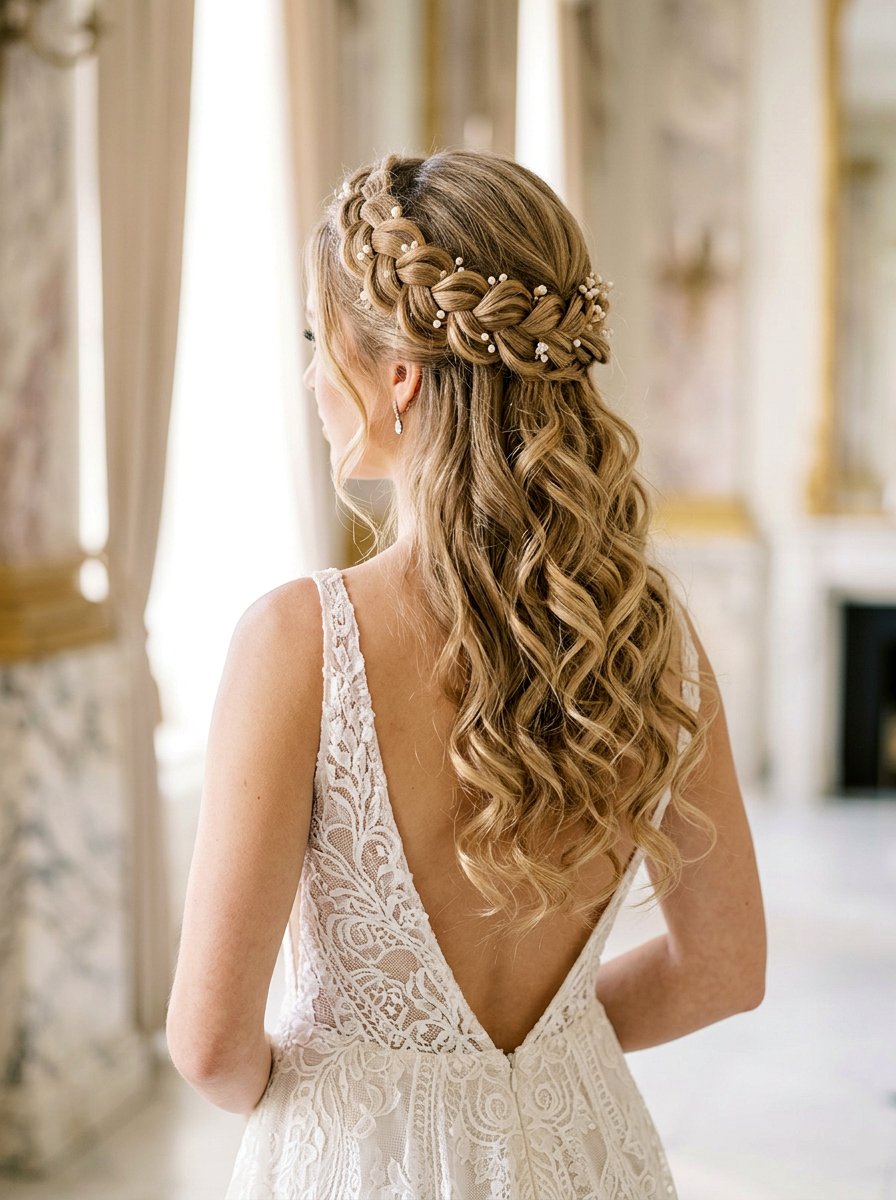 Half Up Crown Braid With Cascading Curls - 20 prom half up curls with braids - 20 prom half up curls with braids