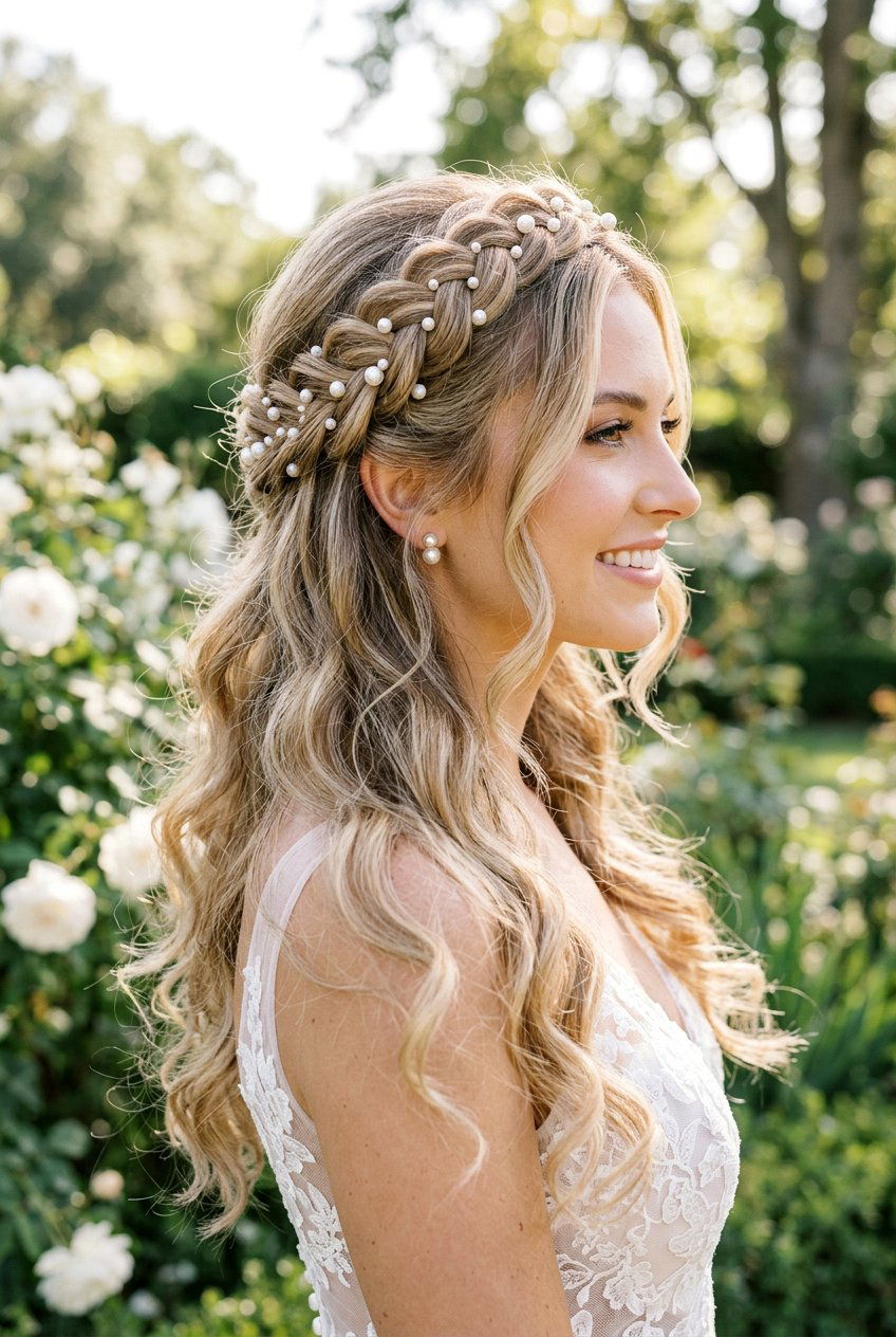Half Up Crown Braid With Pearl Pins - 20 bridal half up with pearl pins - 20 bridal half up with pearl pins