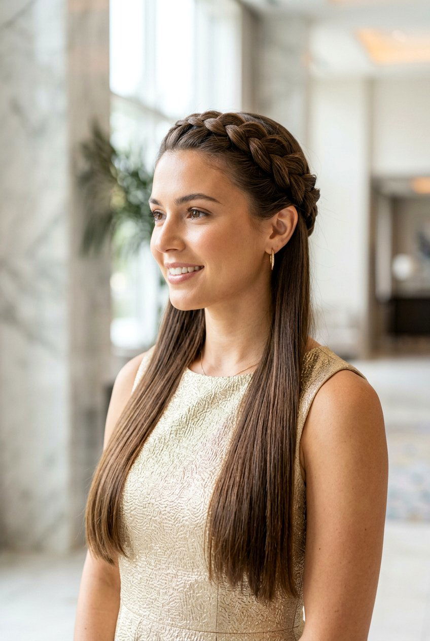 Half Up Crown Braid With Straight Hair - 20 homecoming hairstyle with braid crown - 20 homecoming hairstyle with braid crown