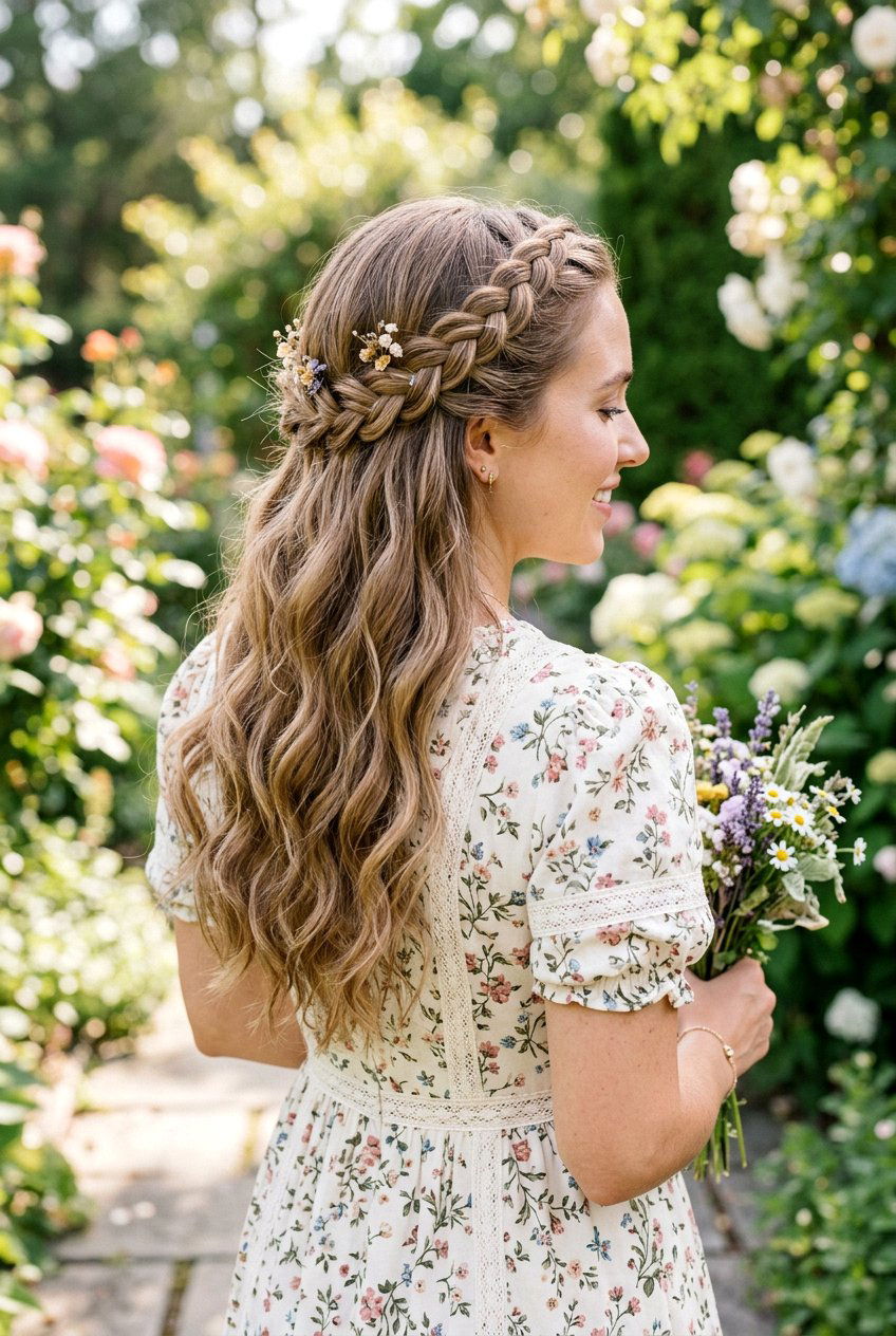 Half Up Crown Braid - 20 light academia braid hairstyle - 20 light academia braid hairstyle