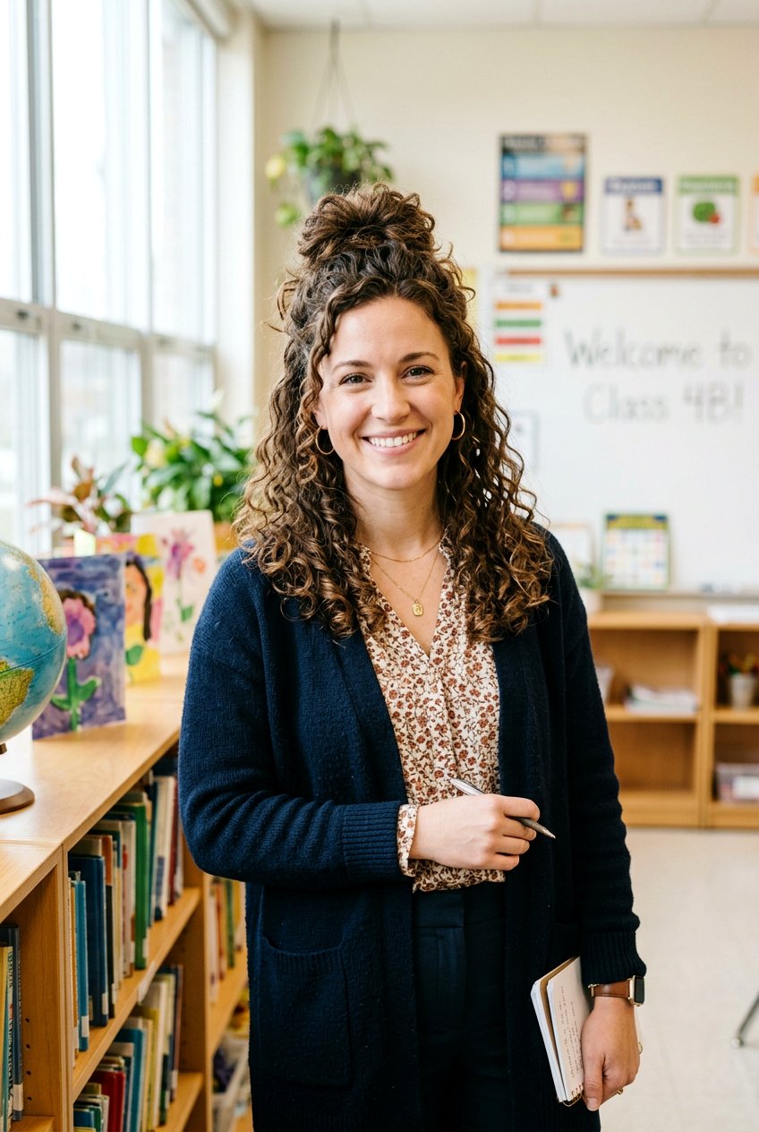 Half Up Curly Bun For School Days - 20 teacher hairstyles for curly hair