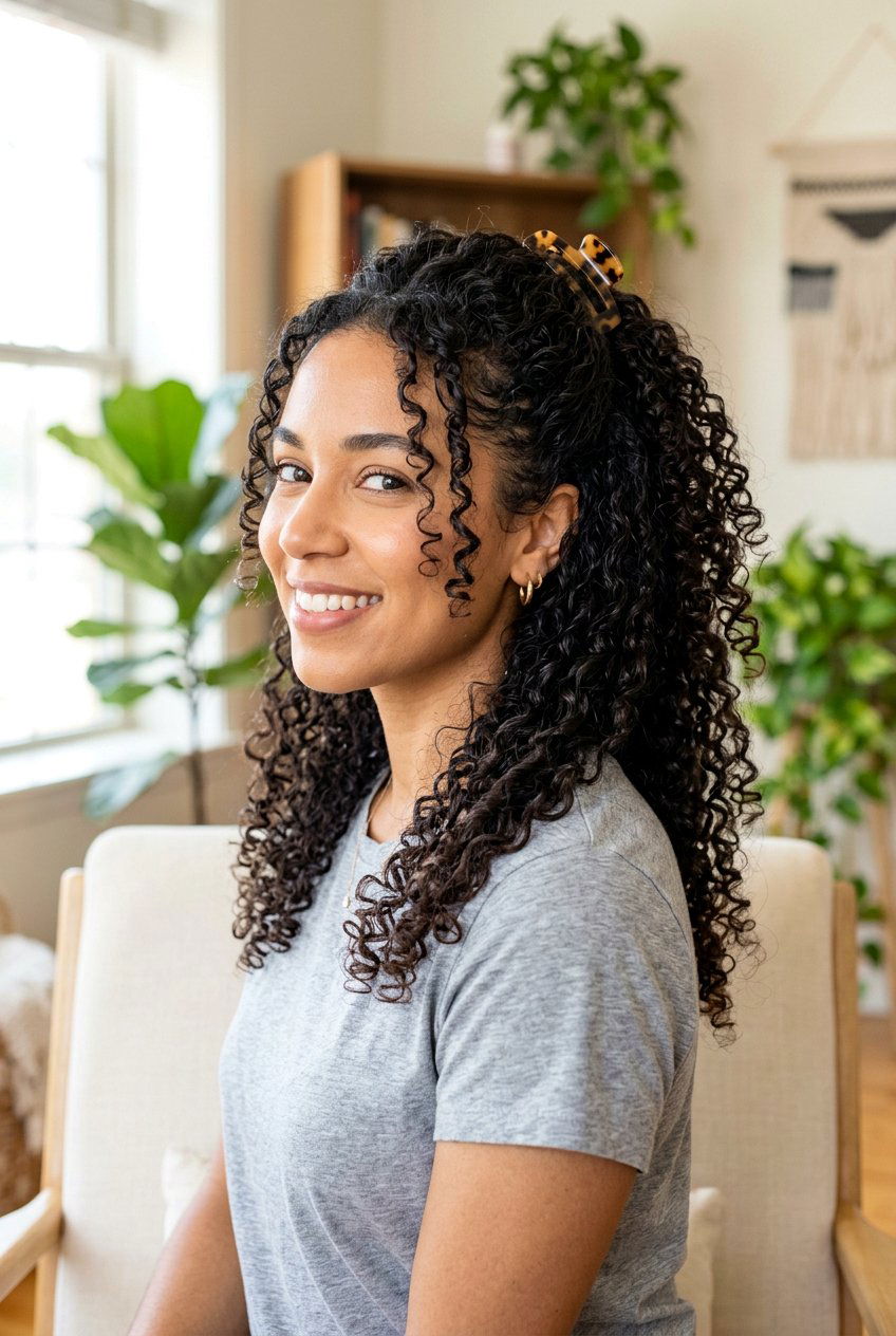 Half Up Curly Clip For Frizzy Hair - 20 anti frizz hairstyles for summer - 20 anti frizz hairstyles for summer