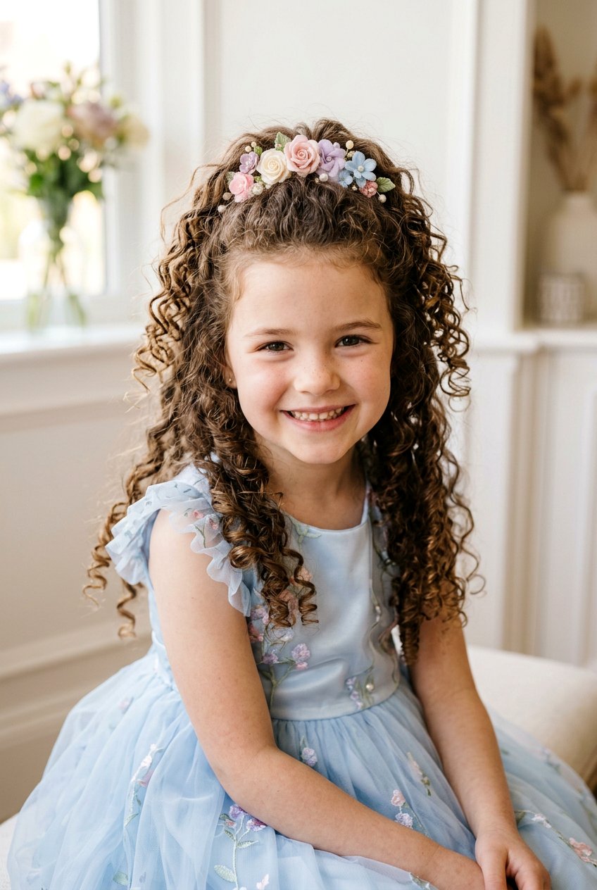 Half Up Curly Floral Accent Hairstyle - 20 little girls half up curls hairstyle - 20 little girls half up curls hairstyle
