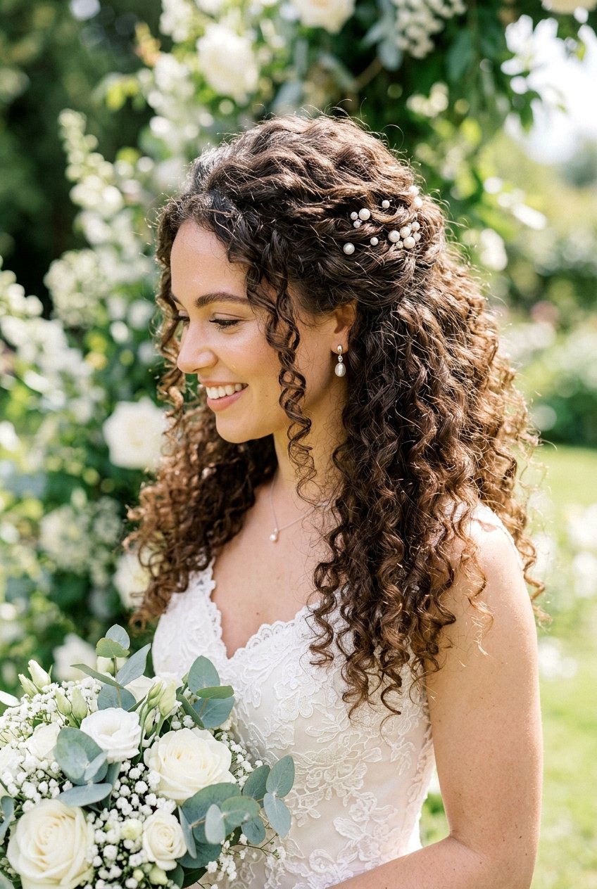 Half Up Curly Hair With Pearl Pins - 20 bridal half up with pearl pins - 20 bridal half up with pearl pins