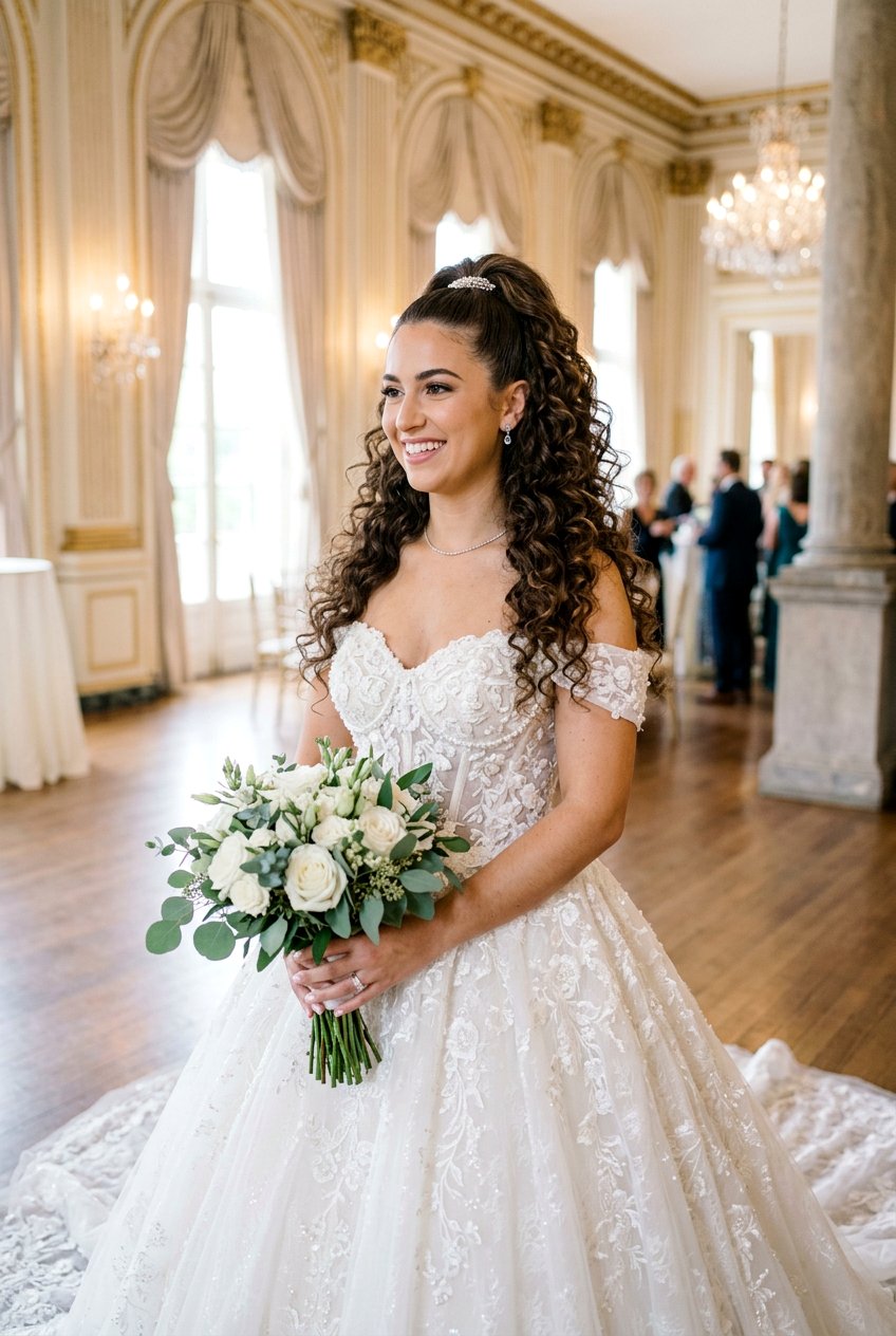 Half Up Curly Ponytail - 20 modern bridal ponytail with curls - 20 modern bridal ponytail with curls