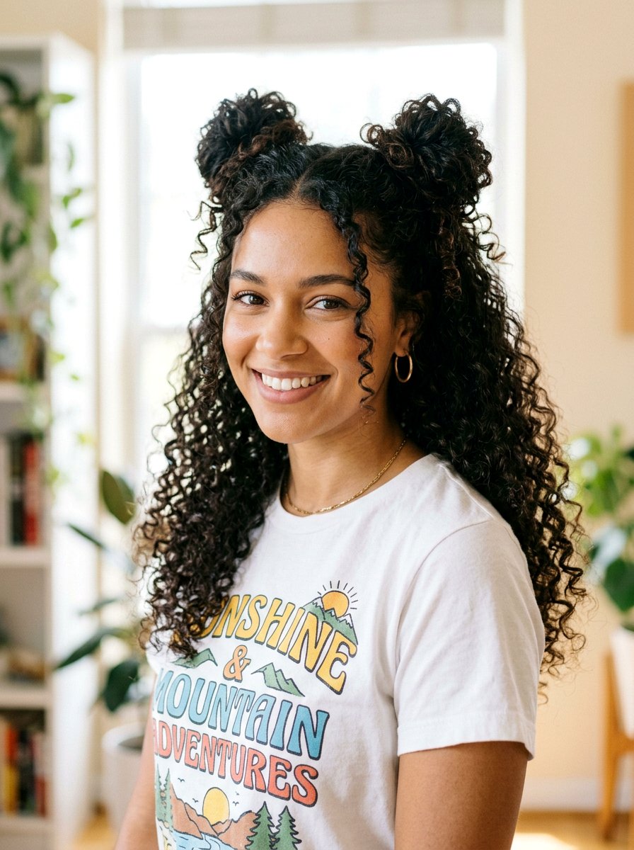 Half Up Curly Space Buns - 20 date night hairstyle with romantic curls - 20 date night hairstyle with romantic curls