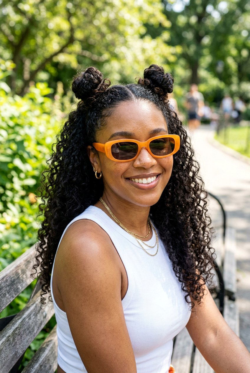 Half Up Curly Space Buns - 20 beach hairstyle for long curly hair - 20 beach hairstyle for long curly hair