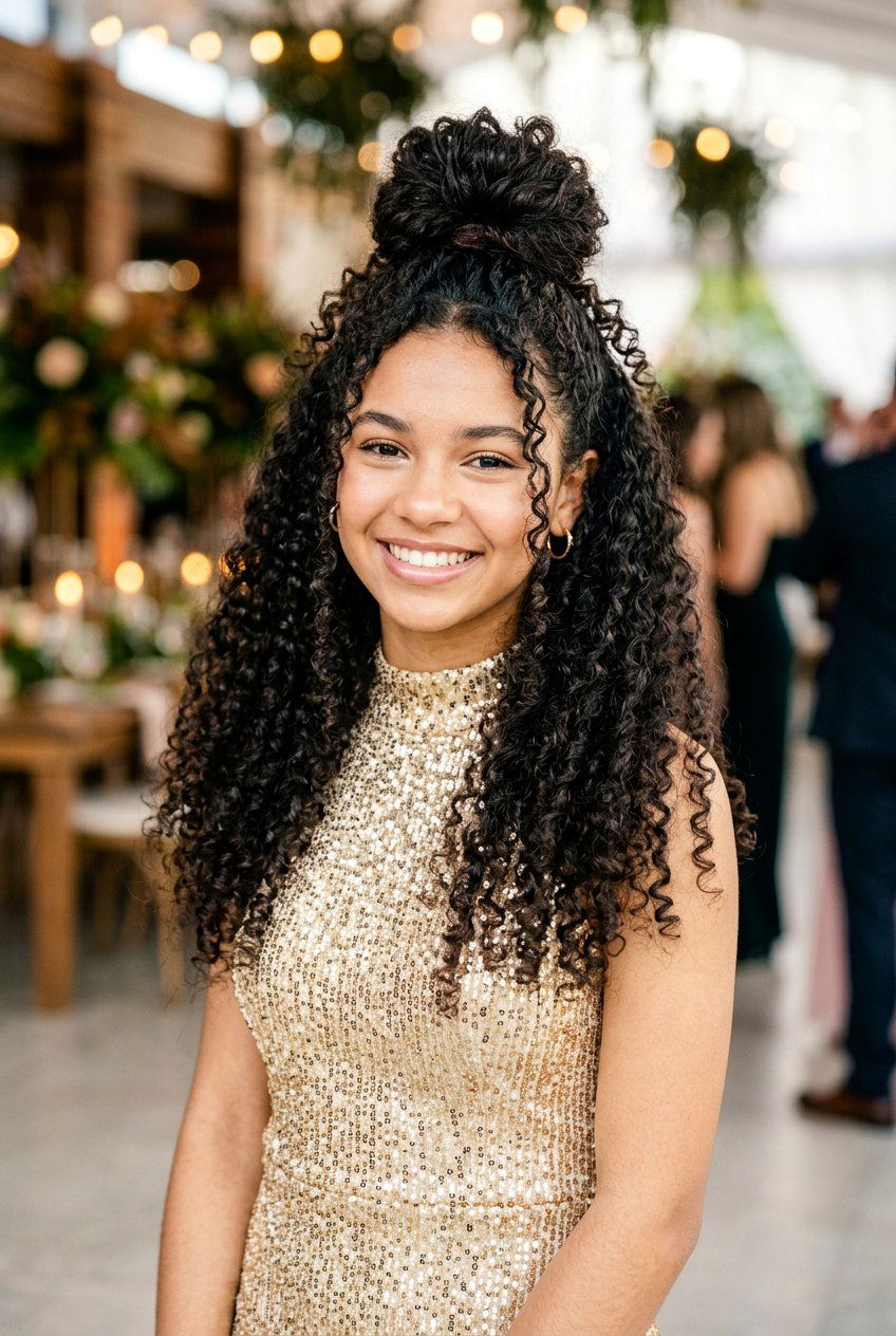 Half Up Curly Top Knot - 20 prom hairstyle for teenage girls with curls - 20 prom hairstyle for teenage girls with curls